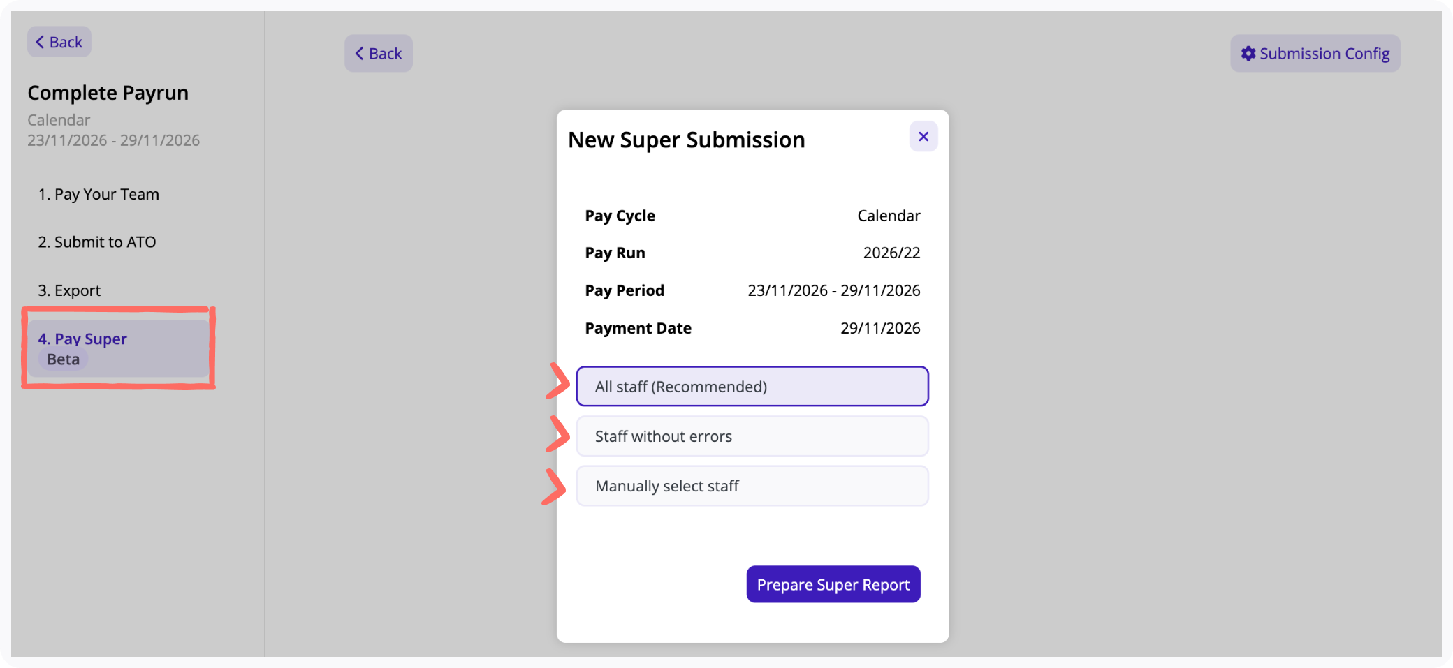 Pay Super - 4th step of a payrun for STP reporting and submission.