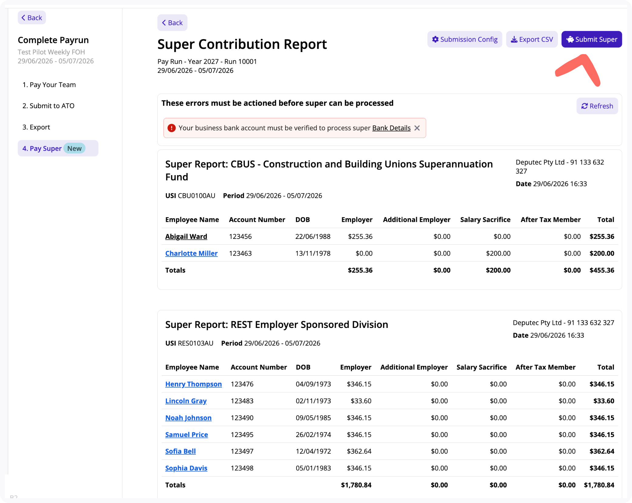 Submit super button on the Super contributions report.