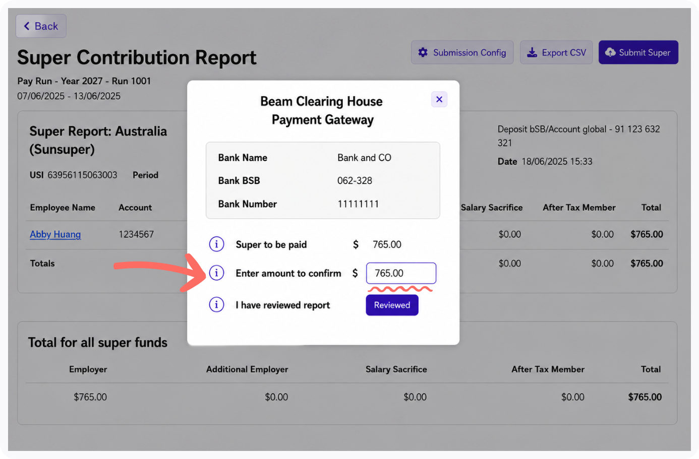 Sample of Enter amount to confirm screen.