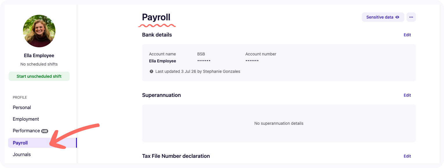 Payroll section of the employee profile.