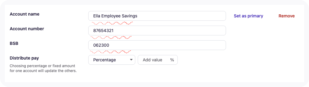 Fields to complete for employee's banking details