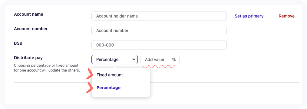 Drop-down menu for Distribute pay options.