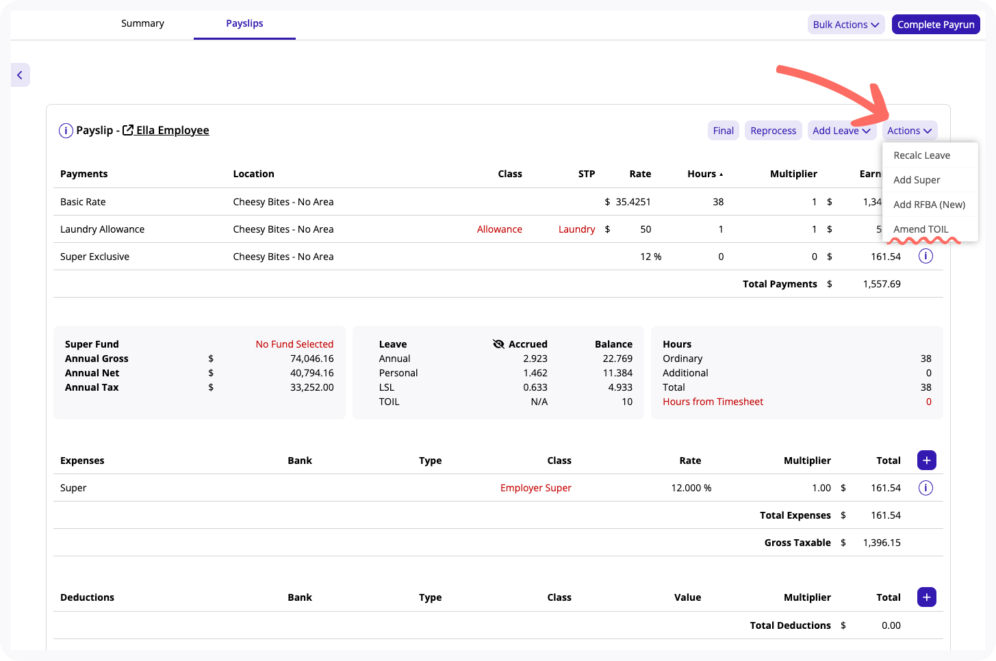 View of Actions and Amend TOIL buttons.