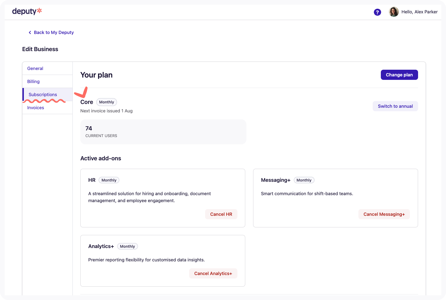 View of the Subscription tab. 