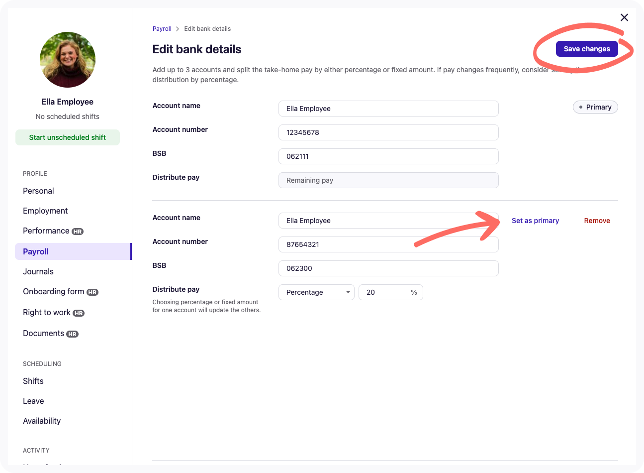 View of setting a primary bank account.