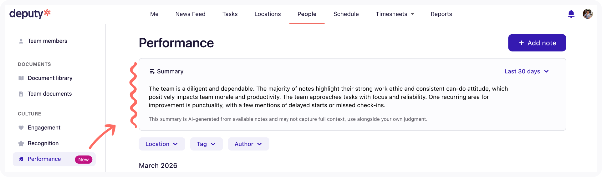 View of AI summary on the Performance tab.