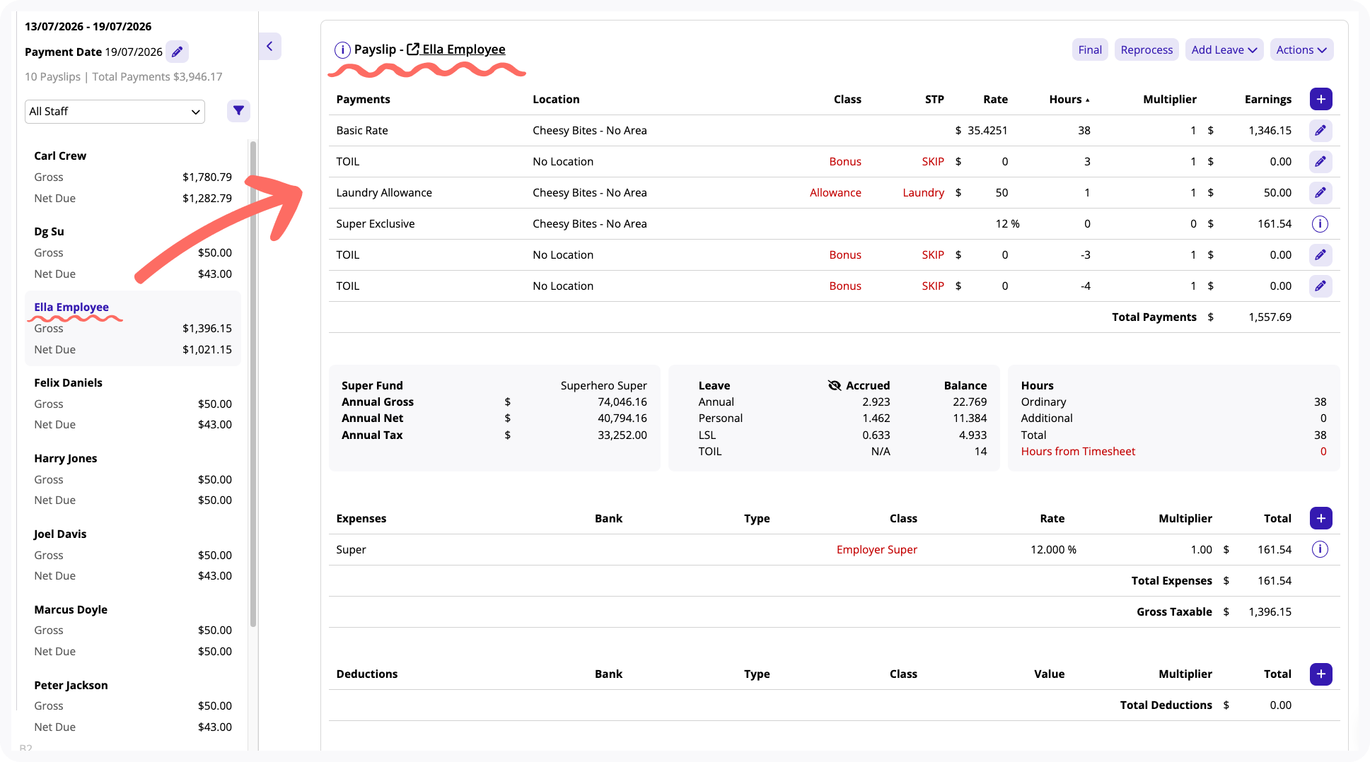 View of an employee's payslip.