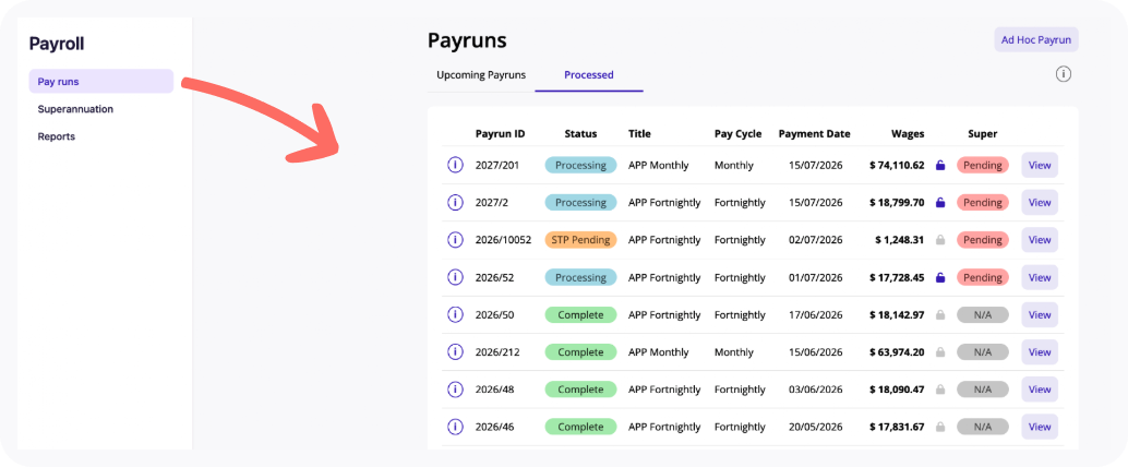 View of the Pay runs page.