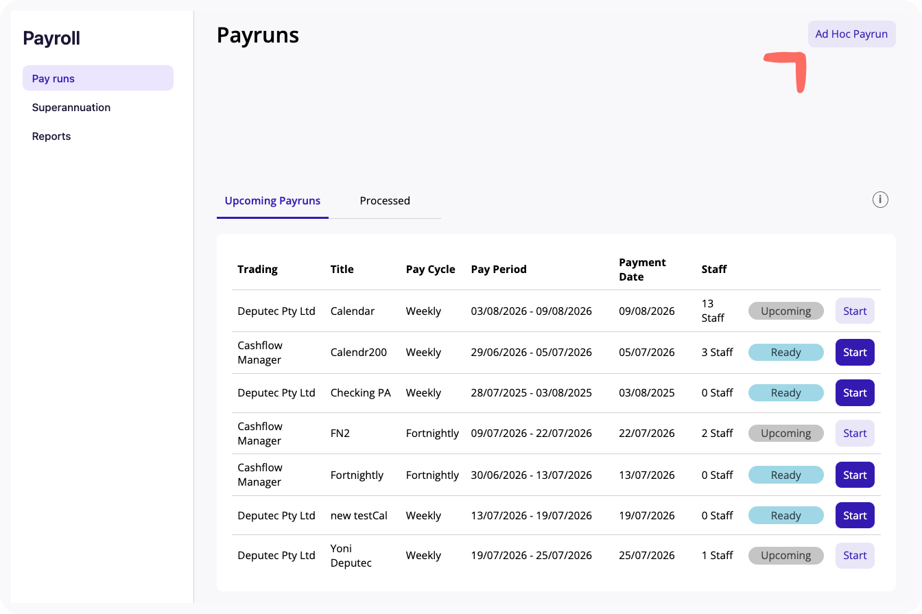 View of Ad Hoc Payrun button.