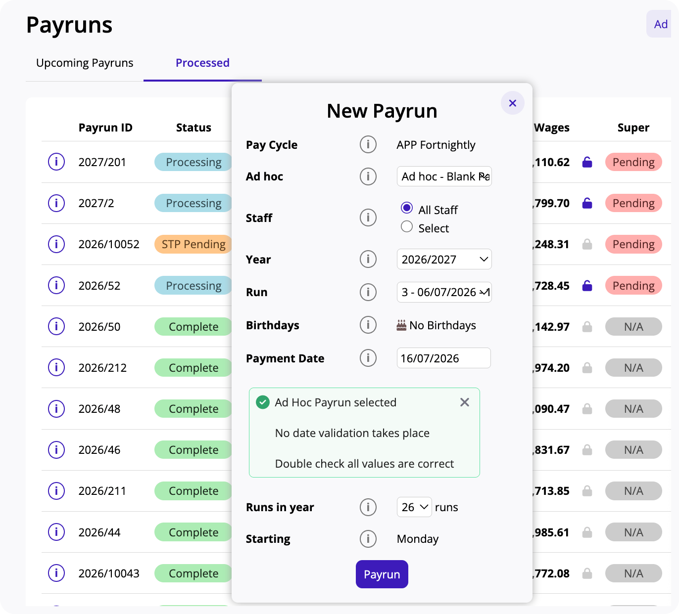 View of the Ad Hoc Payruns settings.