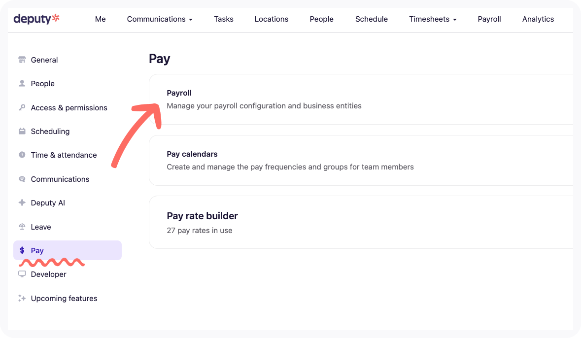 Payroll settings navigation.