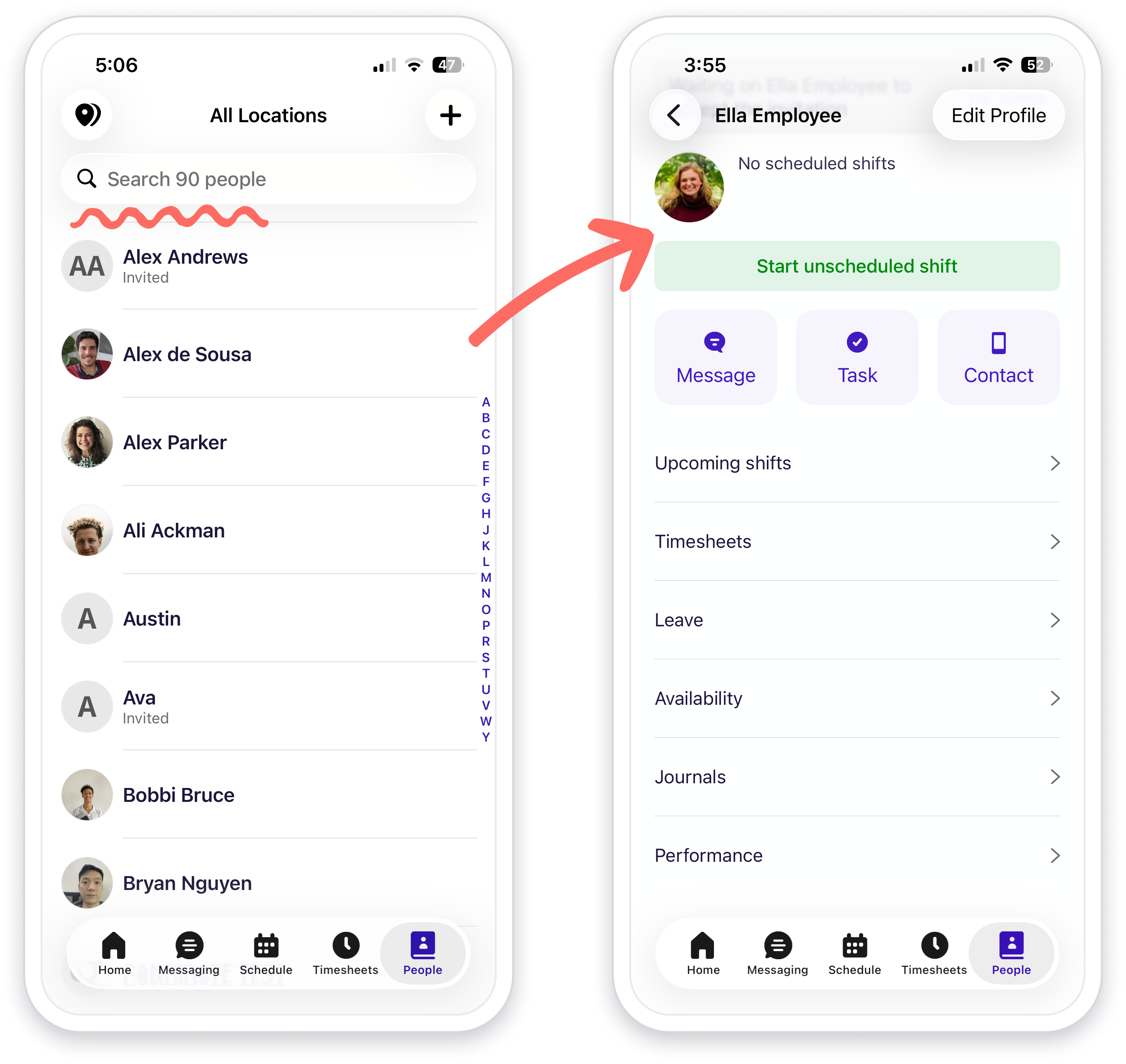 View of employee profile navigation - Mobile app.
