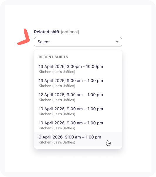 View of Related shifts drop-down menu.