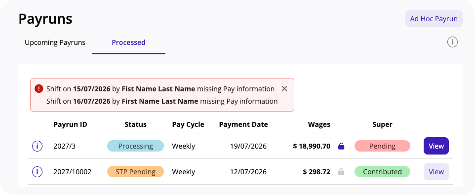 View of "missing Pay information" error message.