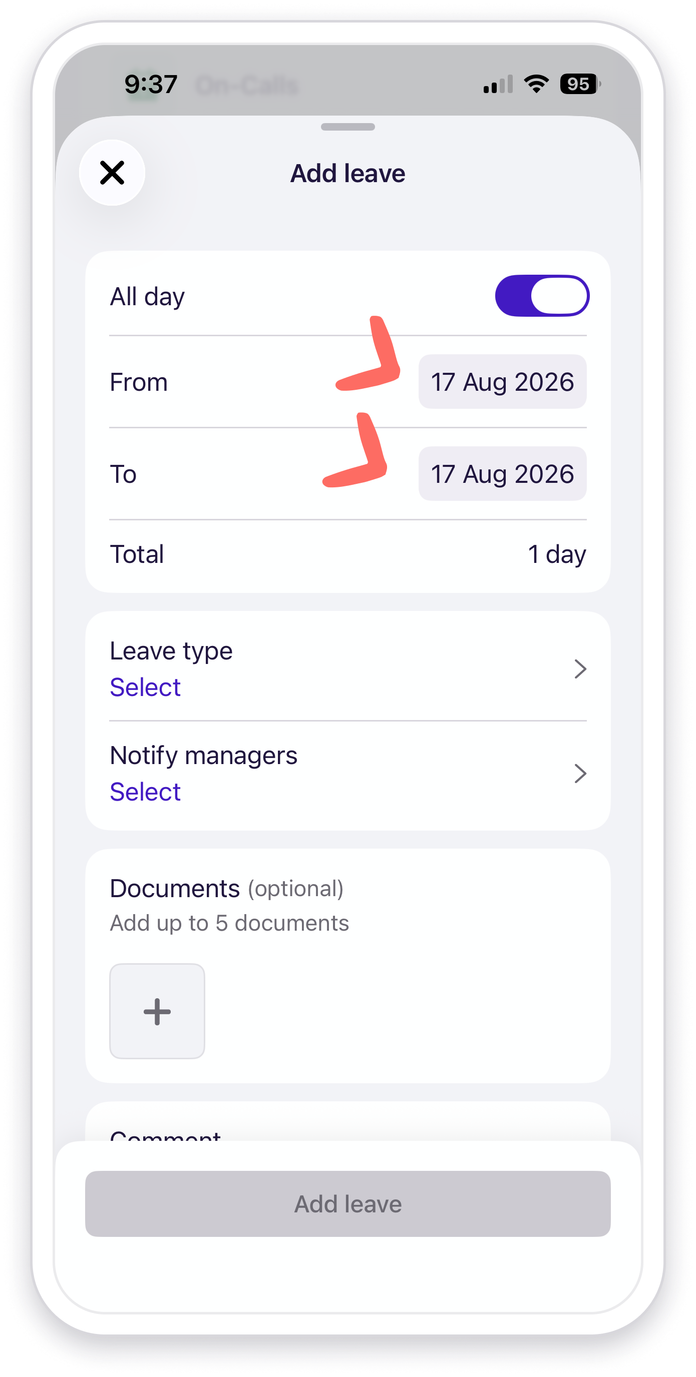 View of Date fields on the a leave request.