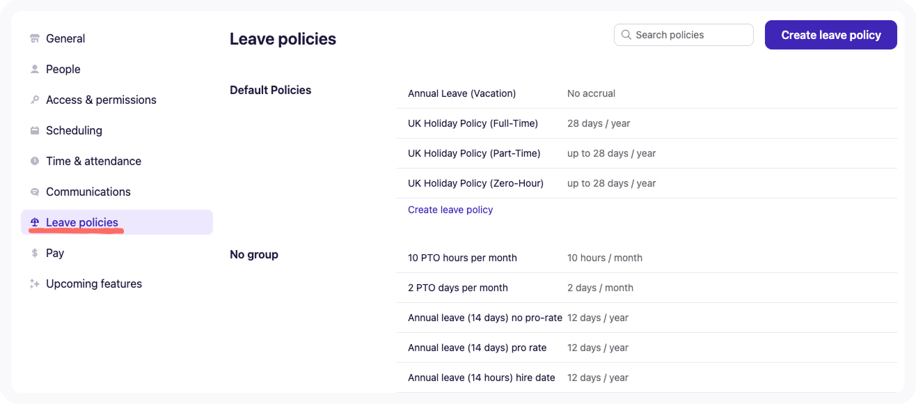 Leave policies in Business Settings