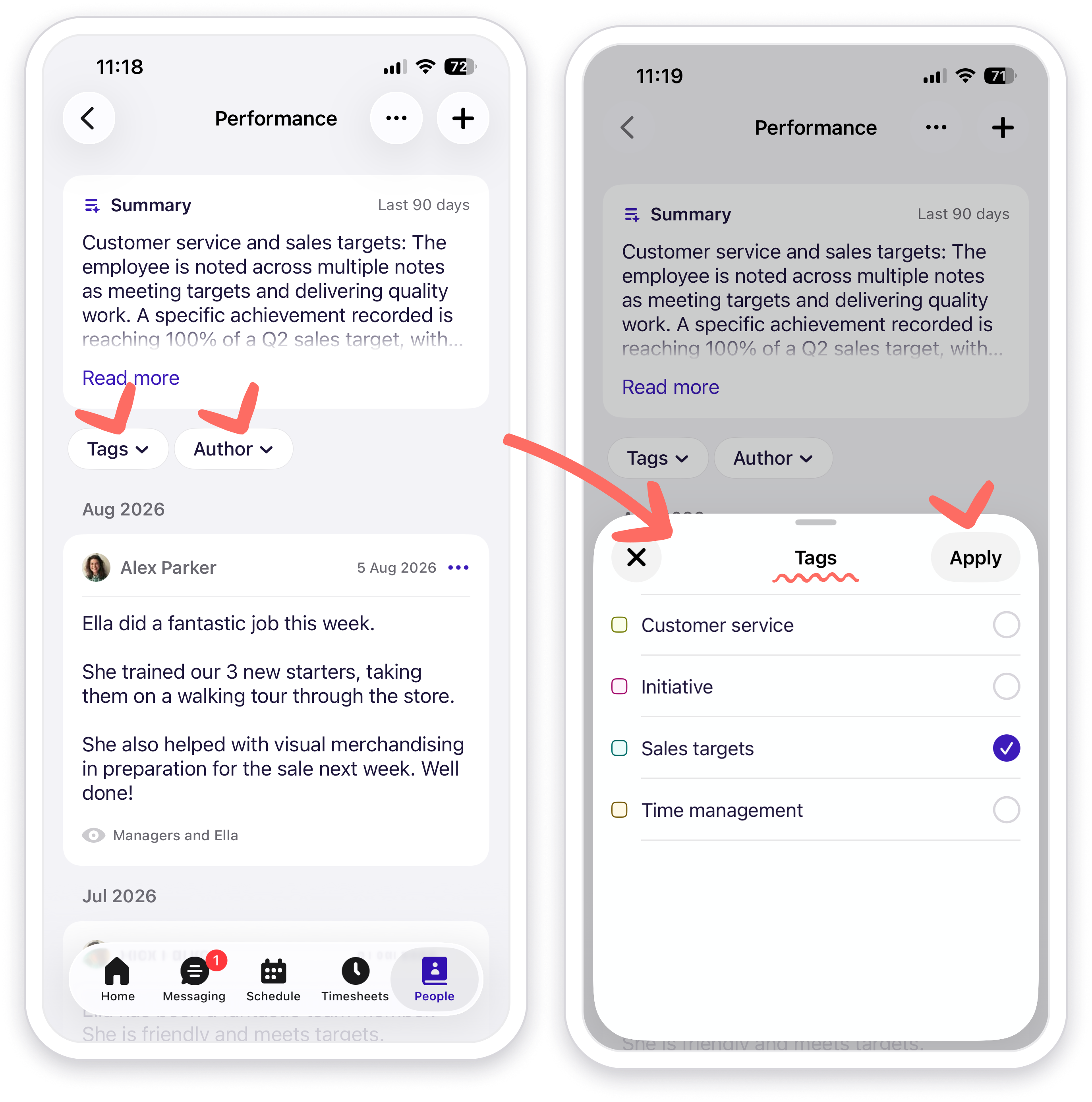 View of the filter options in Performance management on the mobile app.