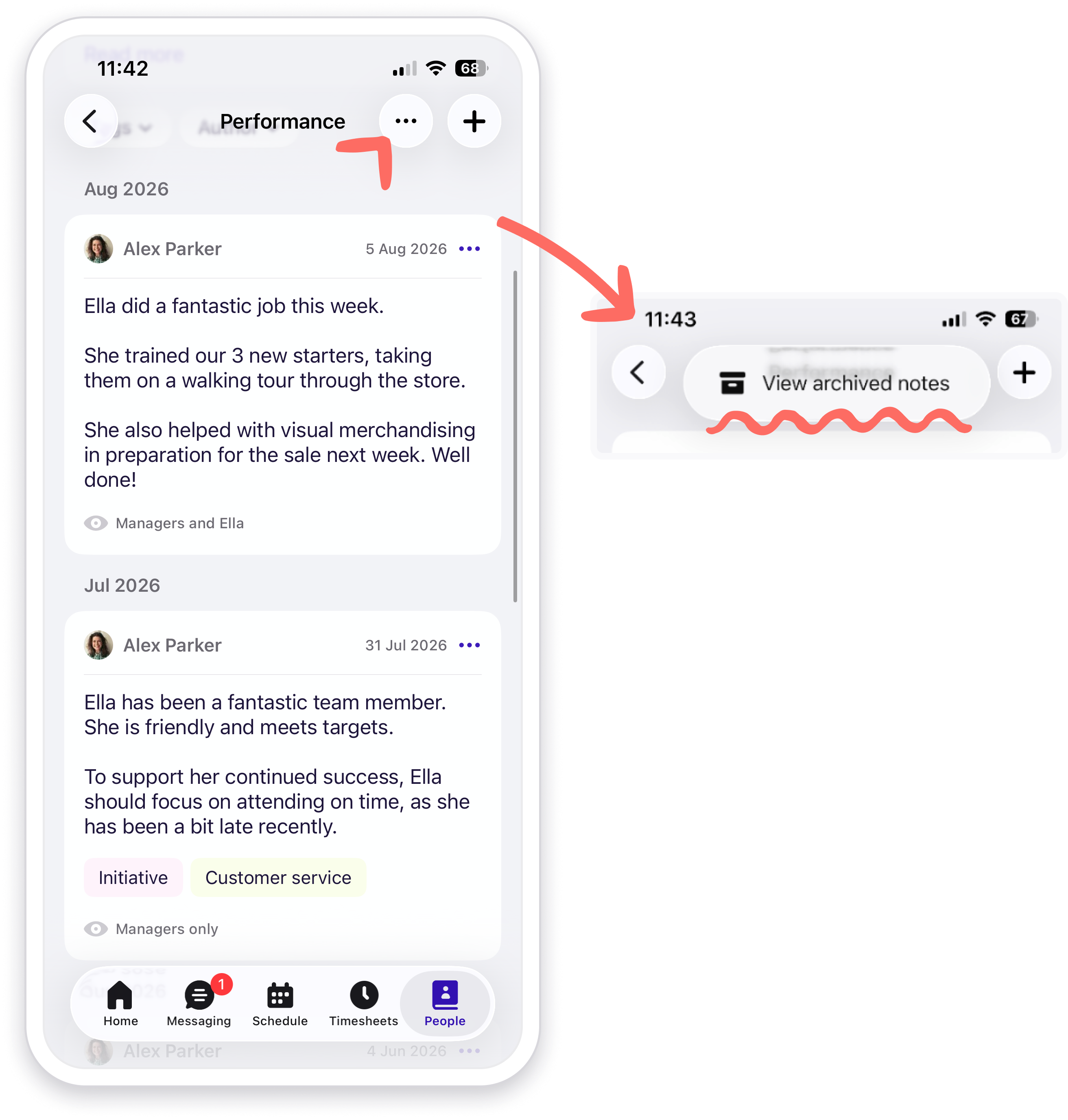 View of the archived notes section on the mobile app_Performance management.