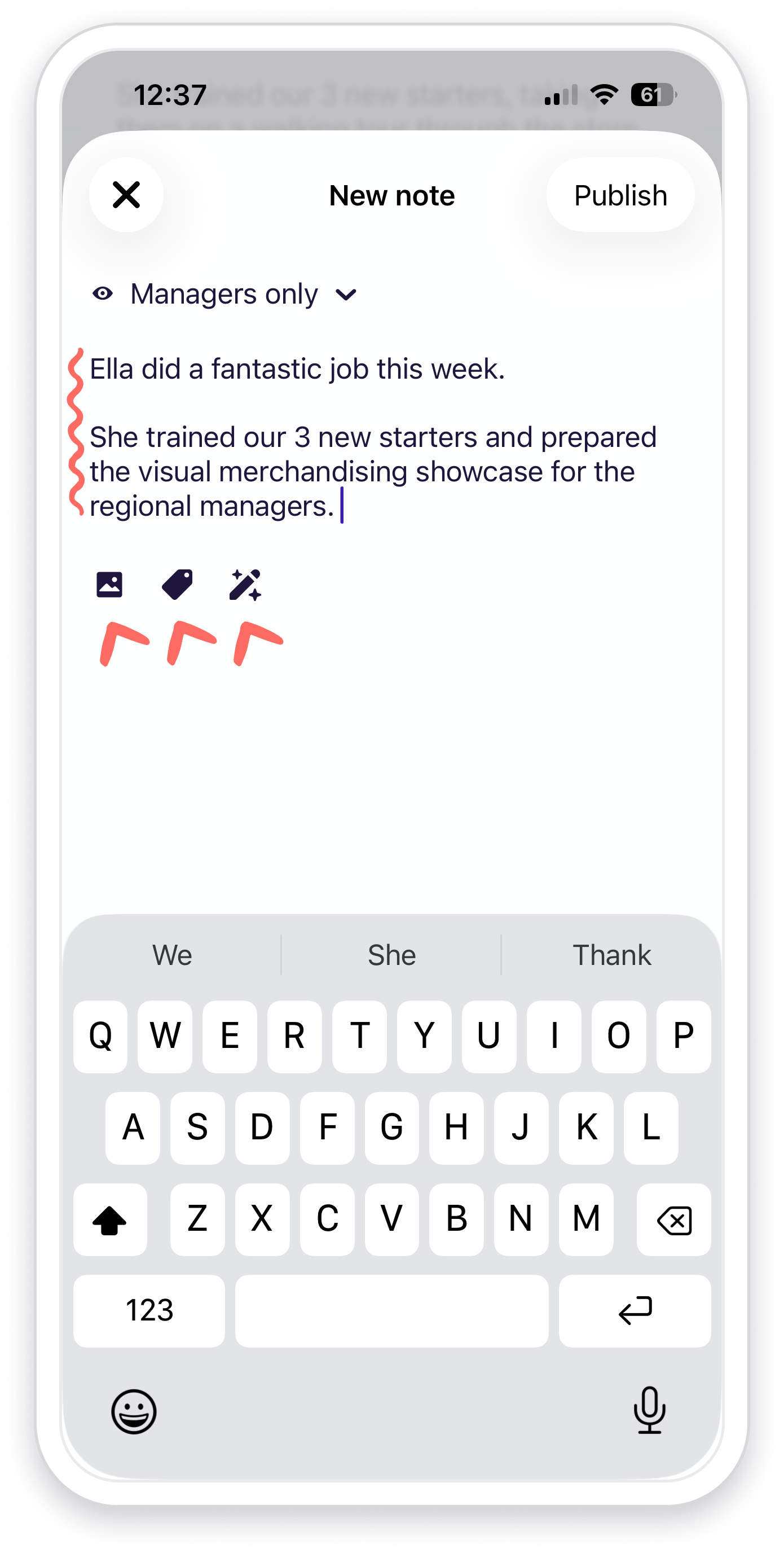 View of write note screen in Performance management (mobile app).