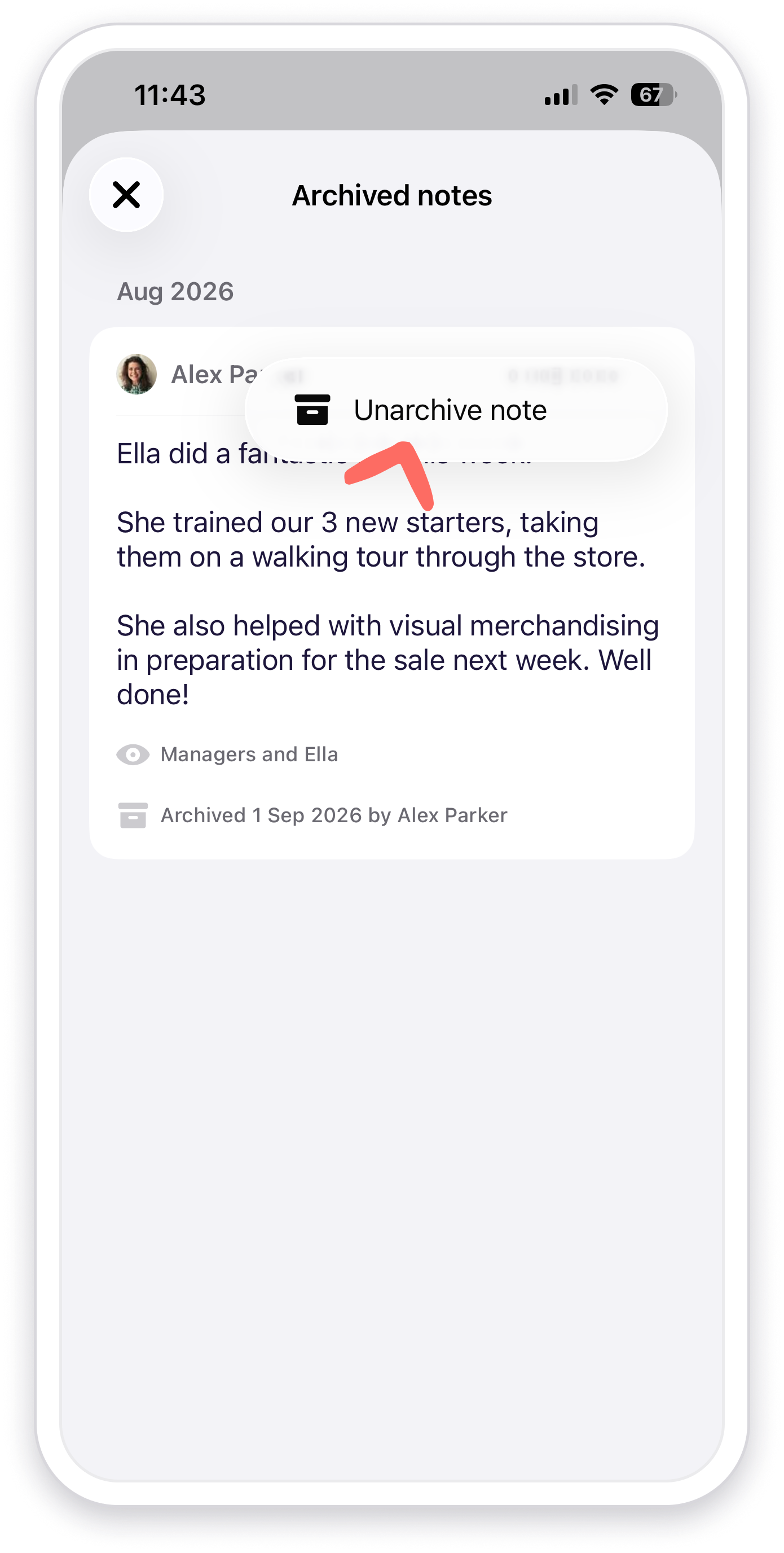 View of the Unarchive note button on the mobile app.