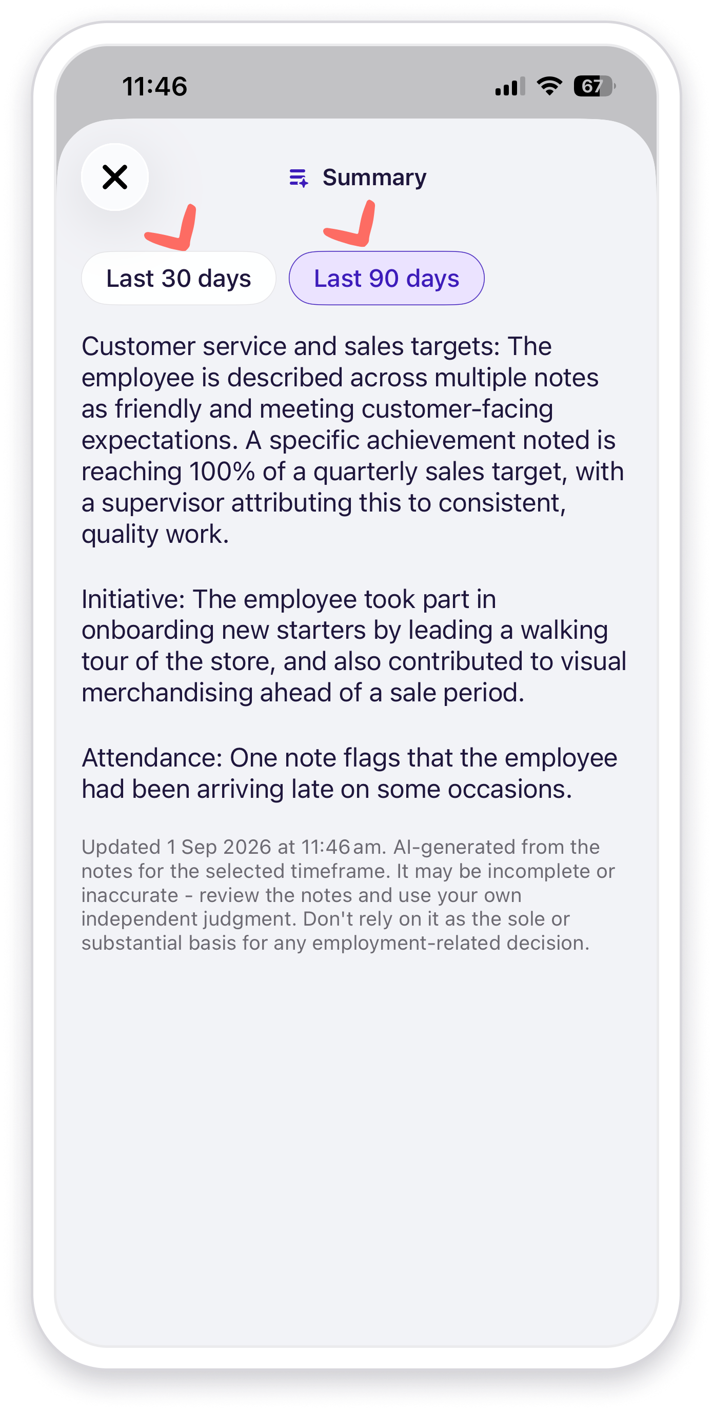 View of the AI summary toggle button in Performance management.