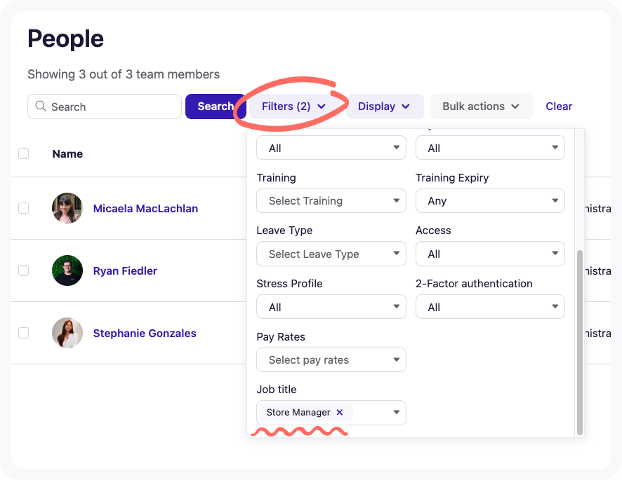 View of Filters on People page.