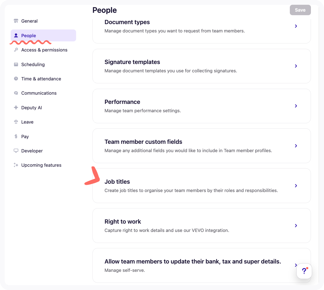 View of the Job titles section in Business settings.