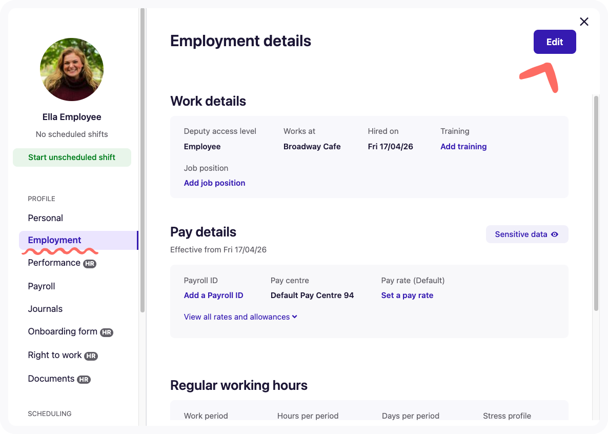 View of the Edit button on the Employment tab.