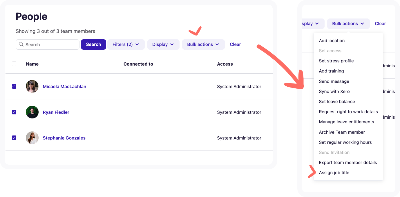 View of Bulk actions to assign job title.