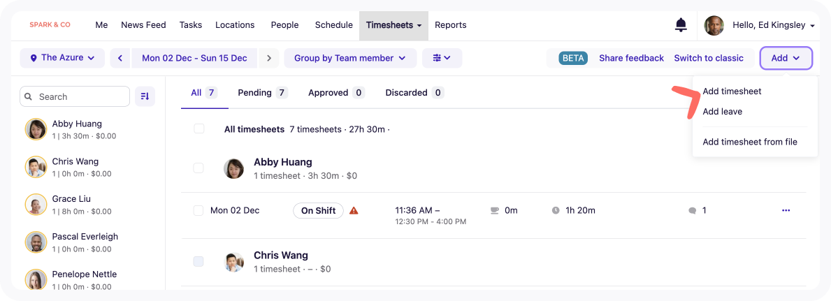 Add timesheet option on the Approve Timesheets page