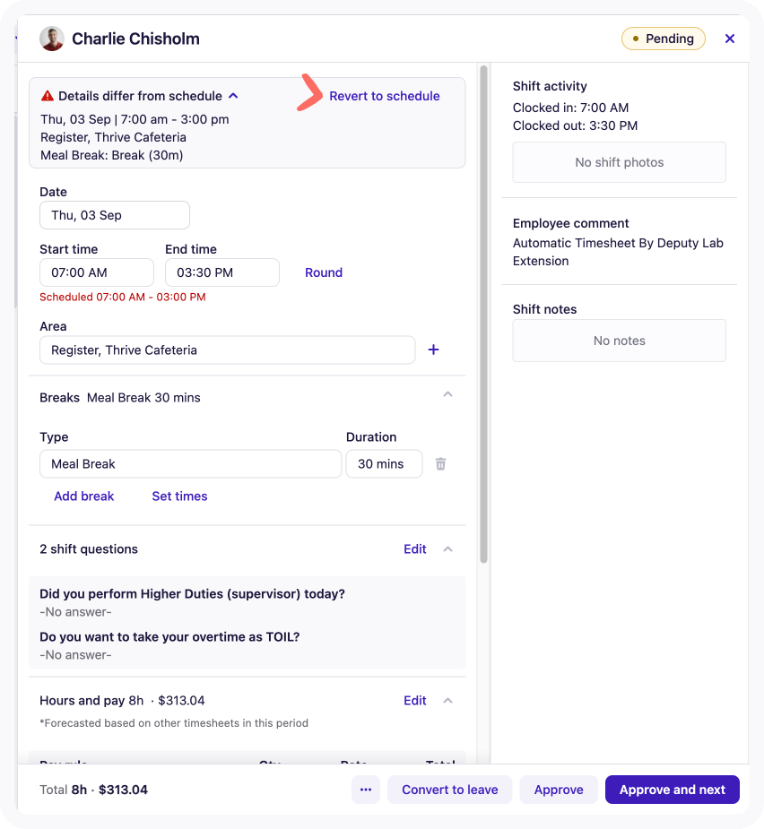 Revert to schedule option in the detailed timesheet