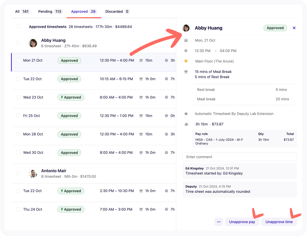 Unapprove time option in the detailed timesheet view