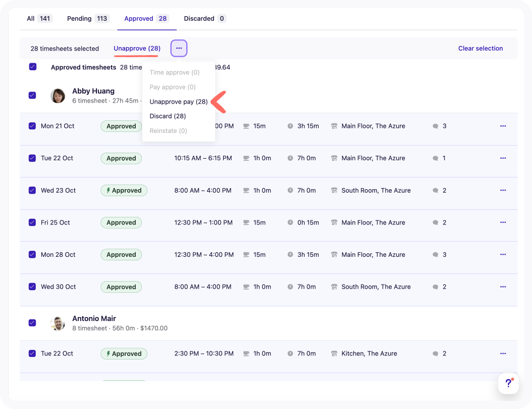 Bulk unapprove options for approved timesheets