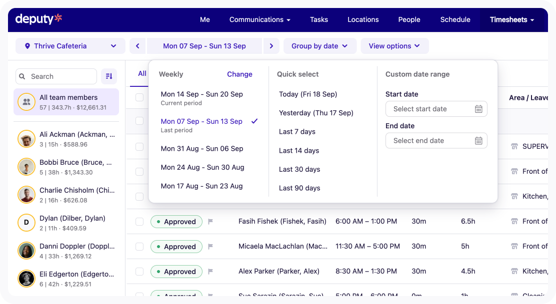 Quick select date range options