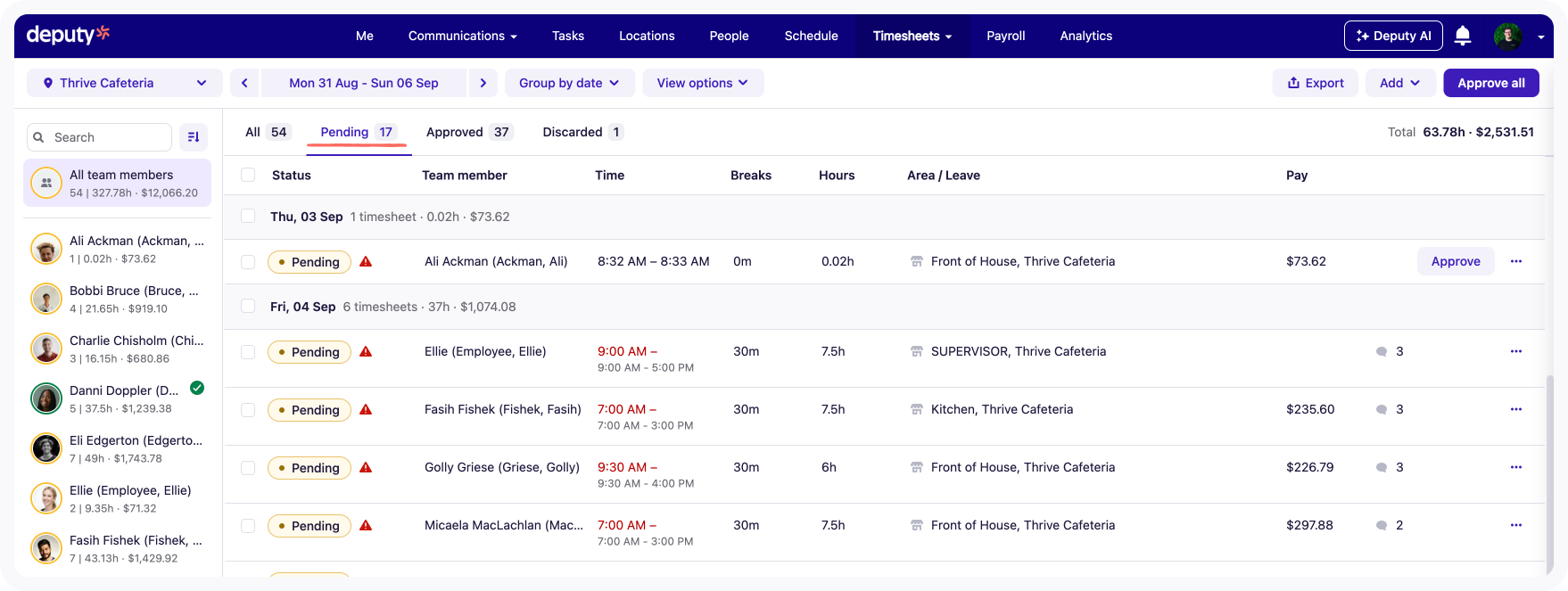 Pending timesheets that require approval