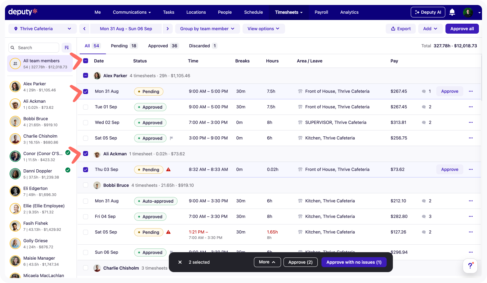 Selected timesheets and the bulk action bar