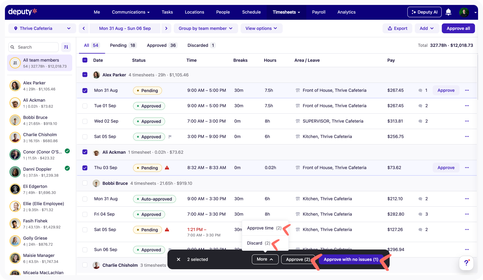 Bulk approval actions available for selected timesheets