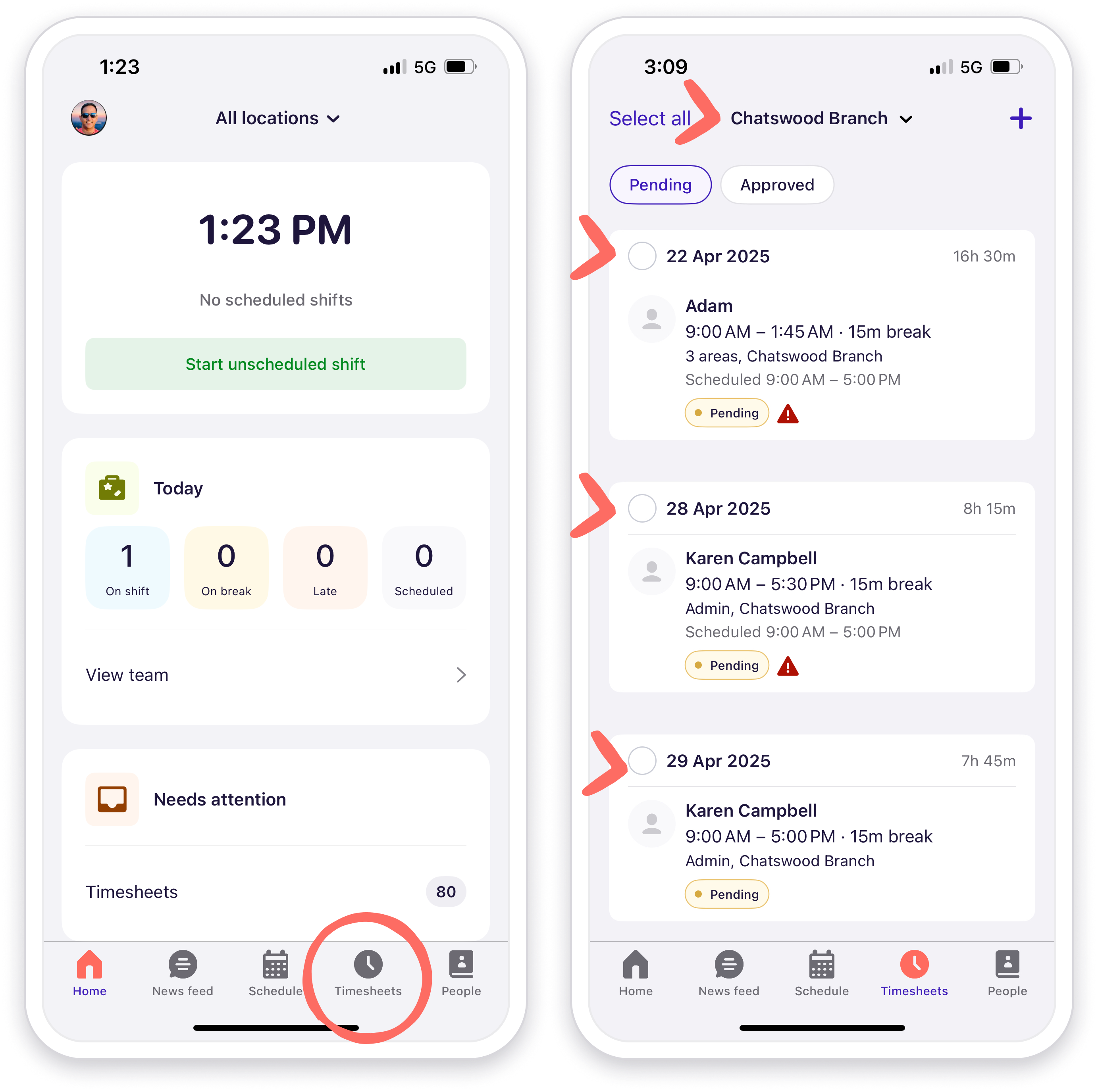 Select a team member's timesheet in the Deputy mobile app