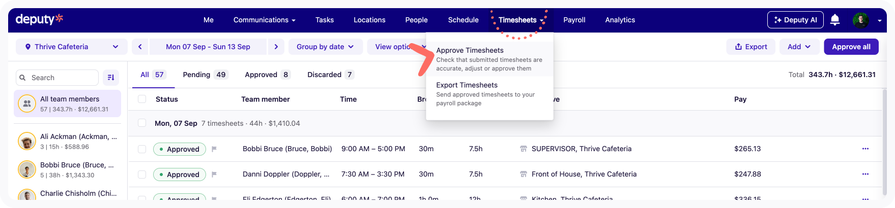 Timesheets menu with Approve Timesheets selected