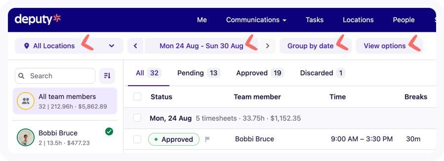 Navigation options on the Approve Timesheets page