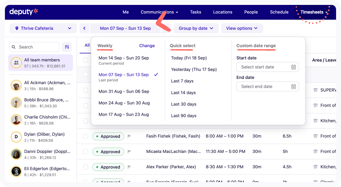 Location and area selector on the Approve Timesheets page