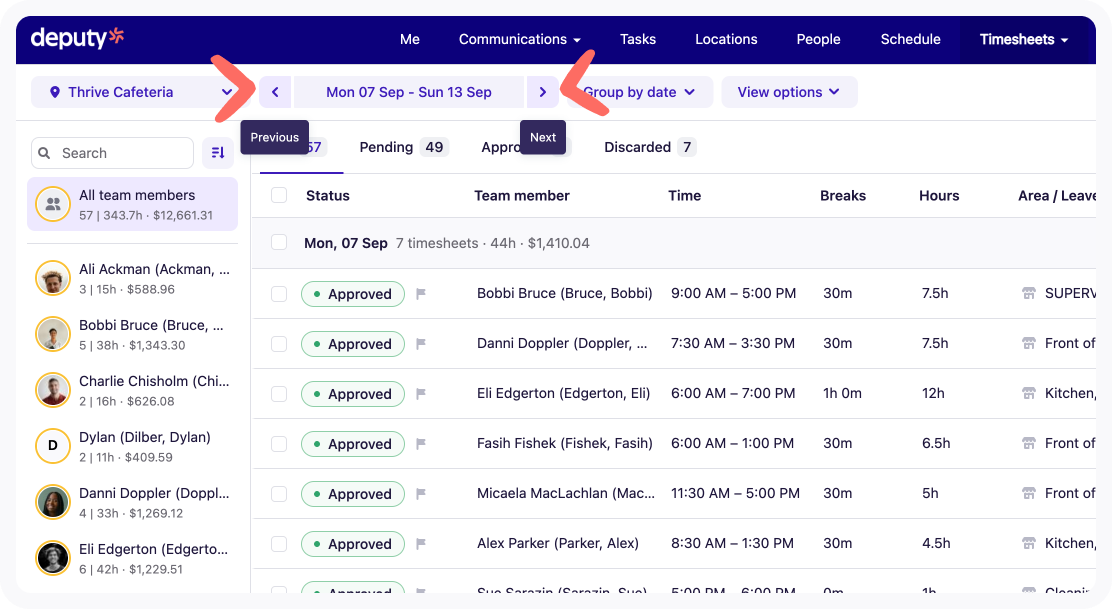 Date range selector on the Approve Timesheets page