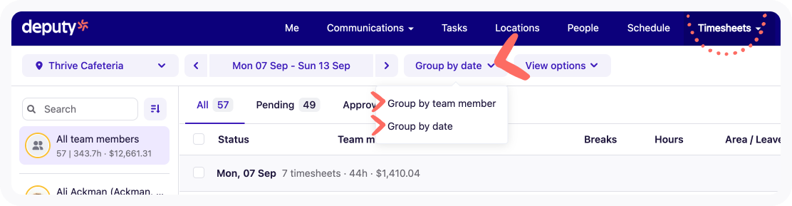 Group by selector on the Approve Timesheets page