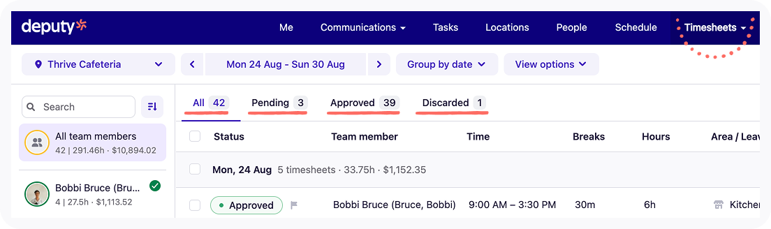 Timesheet status tabs