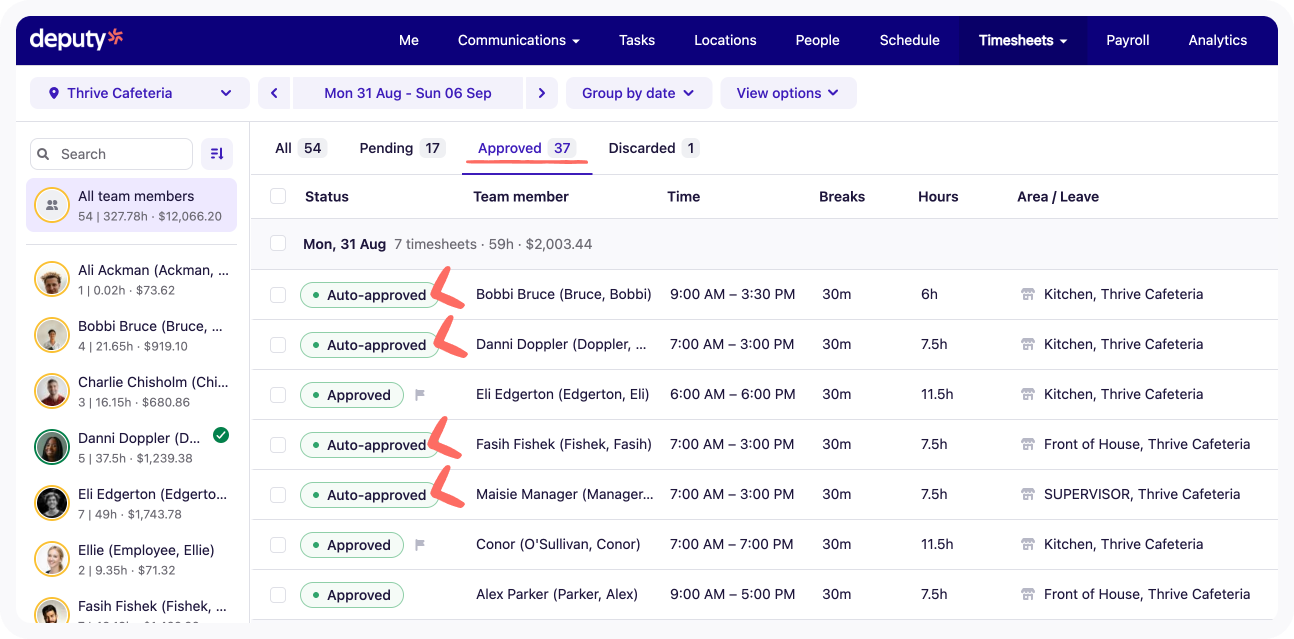 Auto-approved timesheets in the Approved tab