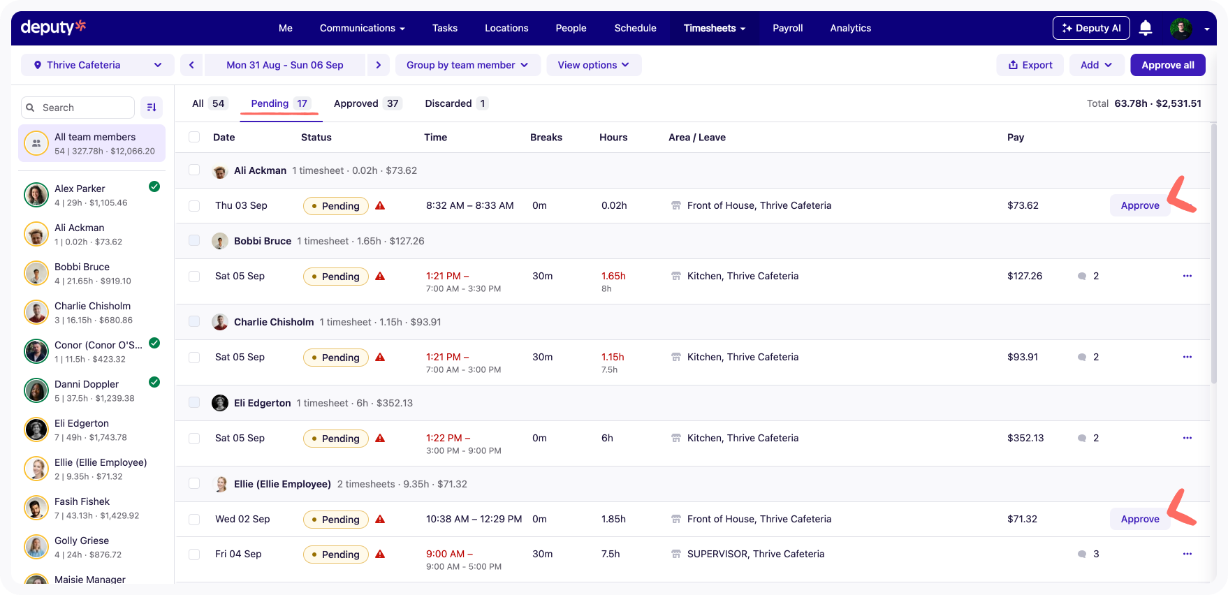 Approve button on a pending timesheet