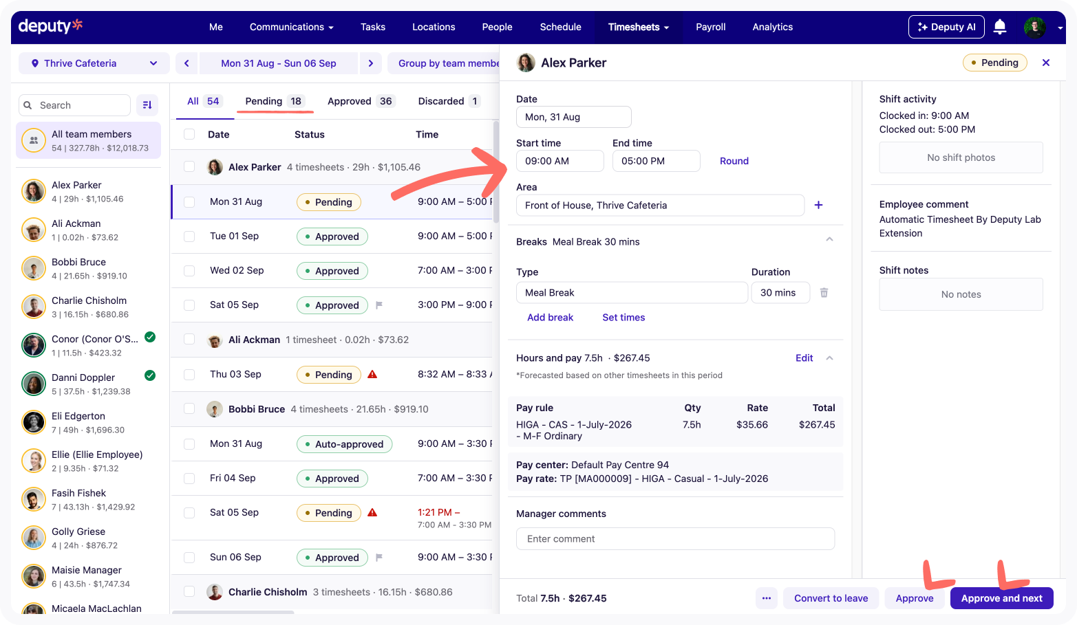 Approve and Approve and next options in the detailed timesheet