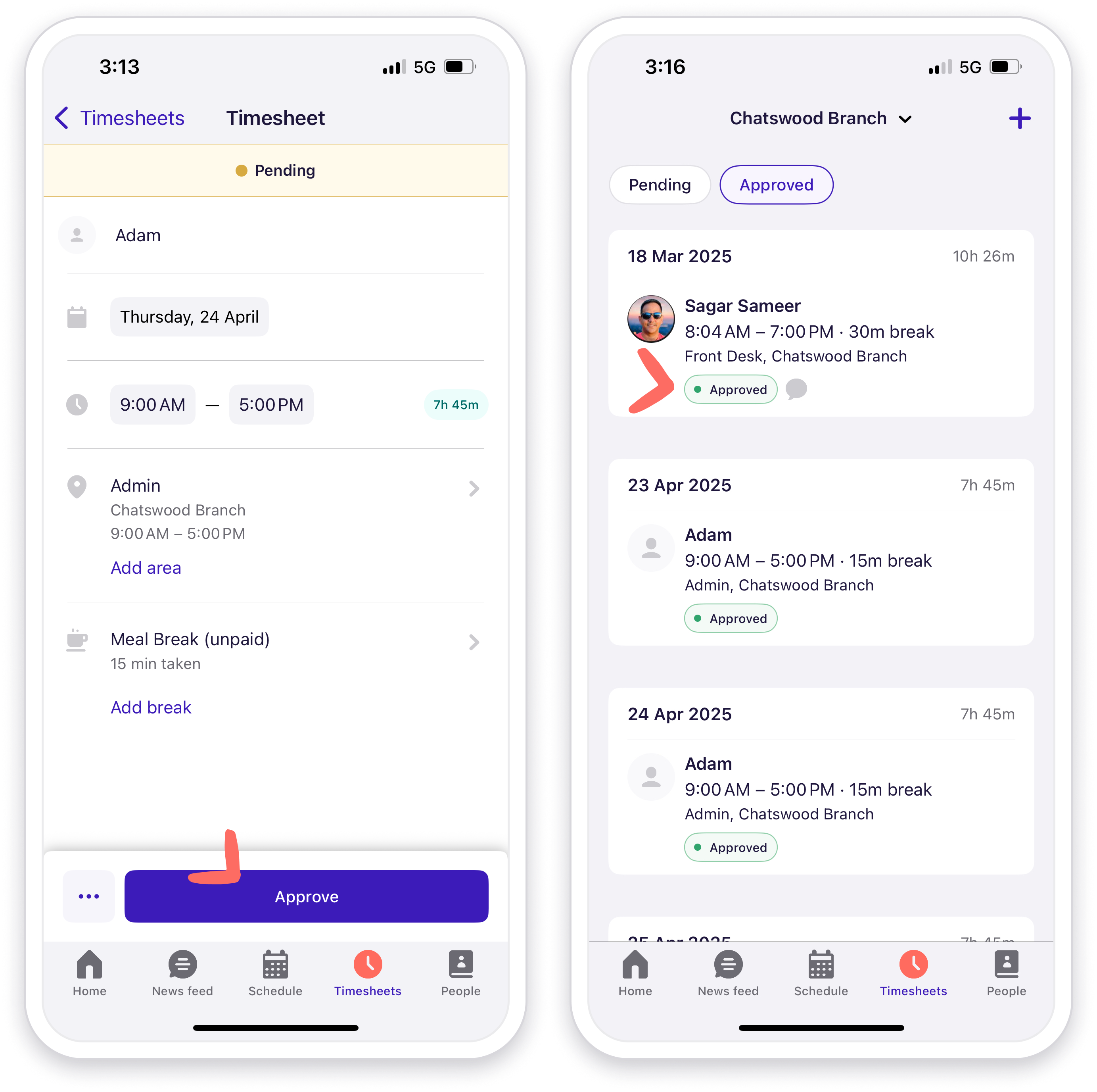 Approved timesheets in the Deputy mobile app