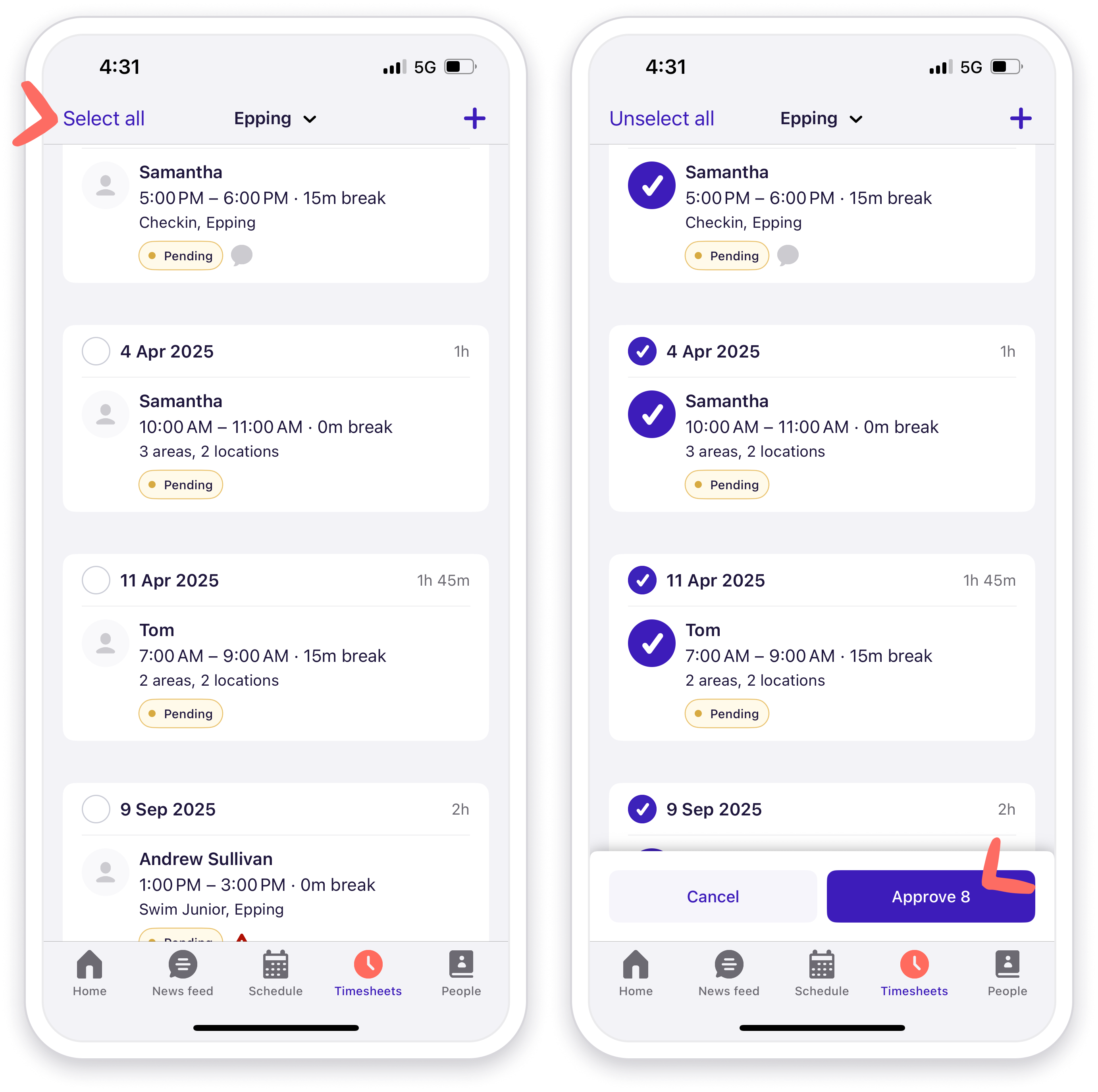 Bulk approve timesheets in the Deputy mobile app