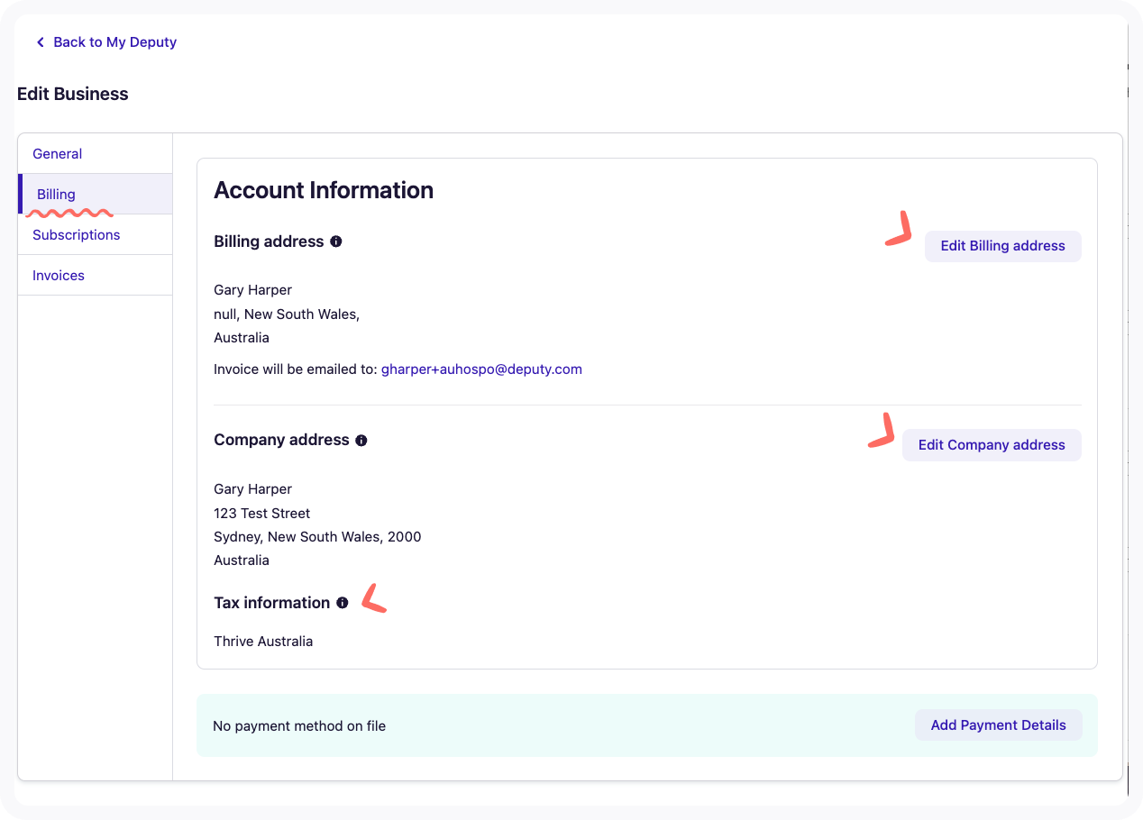 View of Billing page navigation for ABN updates.